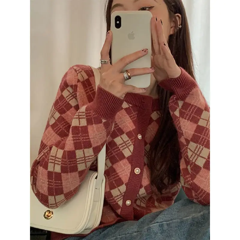 

Женский винтажный трикотажный кардиган в клетку, однобортный трикотажный свитер в стиле ретро с круглым вырезом, одежда для осени и зимы, F34