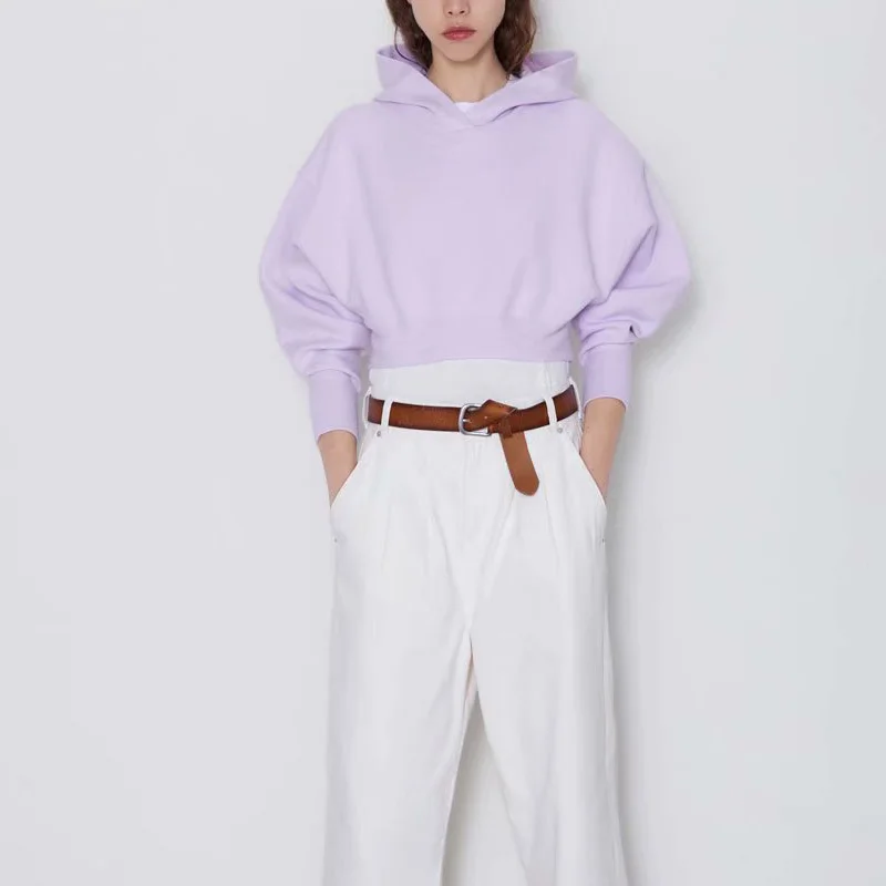 Женская Осенняя толстовка повседневная однотонная с капюшоном короткая | одежда