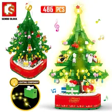 Christmas Theme Rotating LED Shining Music Box Building Blocks DIY City Friends Tree House Bricks Toys For Children Xmas Gifts