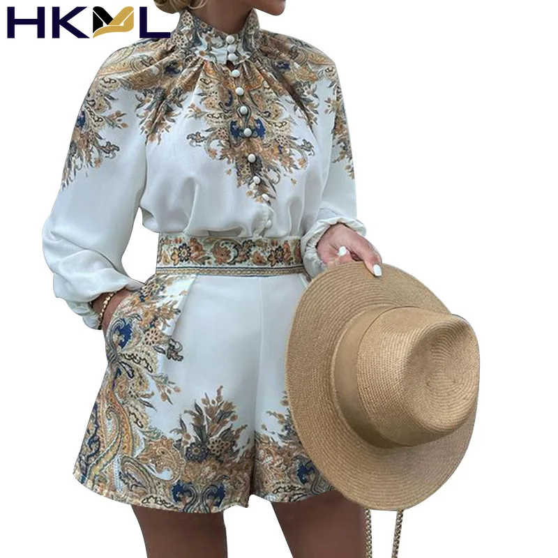 

Women Two Pieces Set Long Sleeve Stand Up Collar Solid Print Retro Casual Fashion Slim Street Sexy Set 2021 Summer