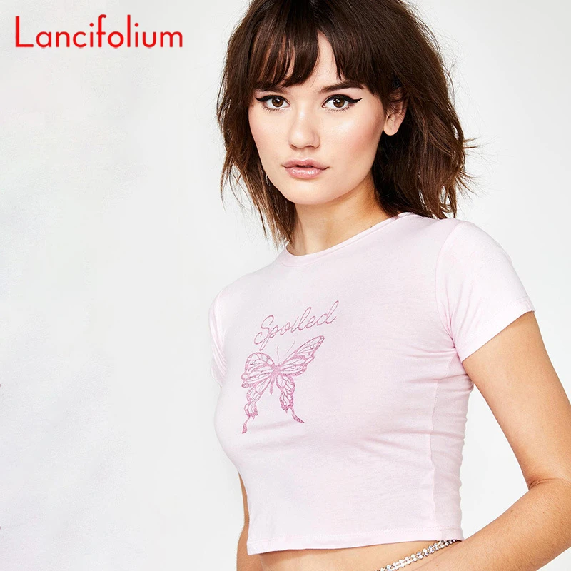Sexy Pink Crop Top Women Summer Butterfly Graphic Letter T Shirt Ladies Baddie Egirl Tee Harajuku Cute Cropped 2020 | Женская одежда