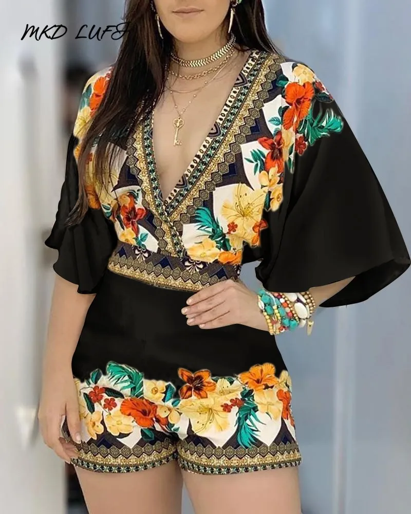 Летние женские комбинезоны с цветочным принтом глубоким v образным вырезом