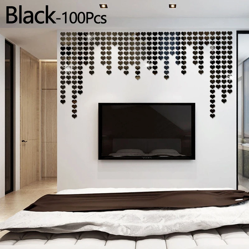 100 шт./компл. 3D зеркальная акриловая наклейка Настенная форма сердца для