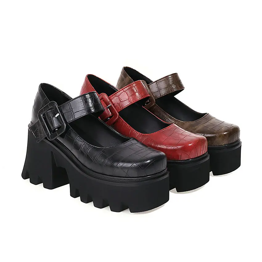 

QUTAA 2021 Round Toe Ankle Strap Elegant Female Pumps Spring Summer Microfiber Thick High Heel Women Shoes Size 34-40