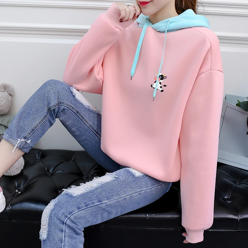 

Women Streetwear Hoodies Sweatshirts Casual Looses Harajuku Kawaii Cartoon Dairy Cattle Print Spell Color Splicing Fleece Hooded