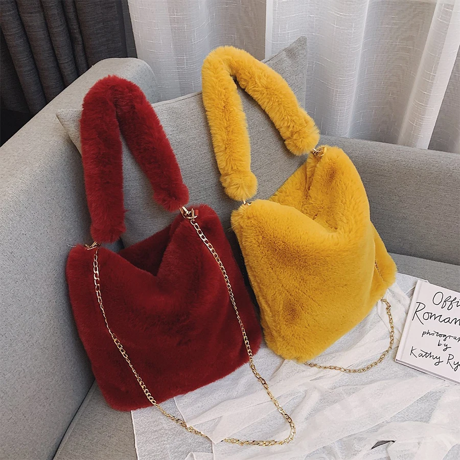 

Faux Fur Crossbody Bags for Women 2020 Winter Soft Warm Shoulder Bag Fashion Women Handbag Solid Color Female Handbags Tote Bag