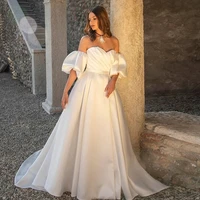 simple 2 in 1 sweetheart wedding dress with removable sleeve off shoulder satin puff sleeves bridal gowns robe de mariage 2021