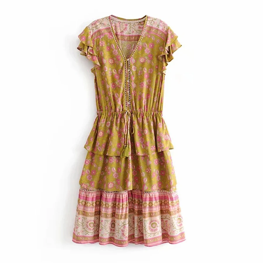 Мини платье TEELYNN 2019 вискозное с цветочным принтом boho платья рюшами и эластичной