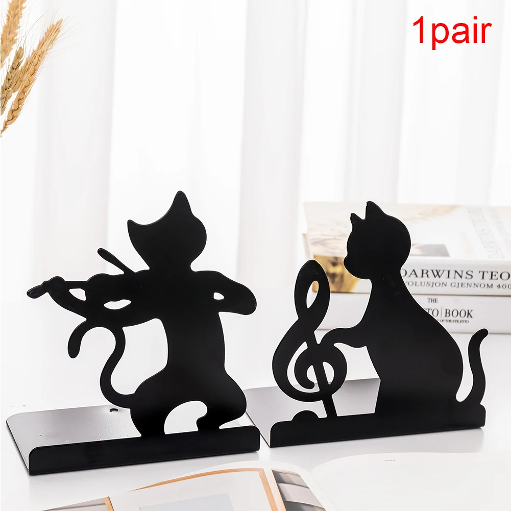 1 Pair Catalogs Practical Free Standing Cute Kawaii Black Desktop Iron Magazines Non-skid Home Office Cat Bookend Decorative |