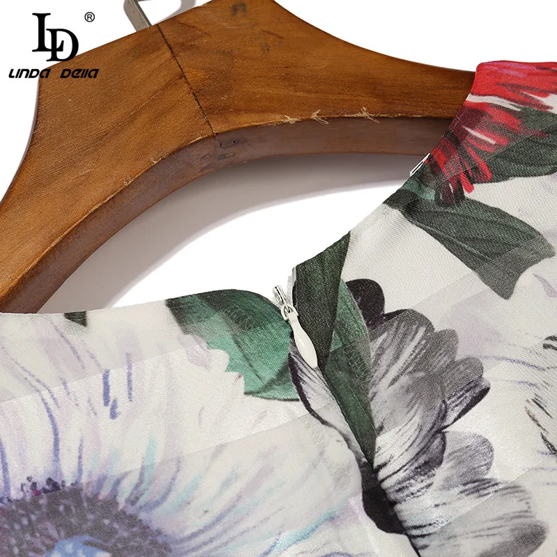 

LD LINDA DELLA 2021 Fashion Runway Summer Dress Women V-Neck Sleeveless Elegant Flower Print Big swing Sashes Vintage Midi Dress