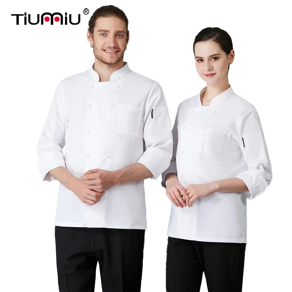 

Solid Color Double-breasted Long-sleeved Chef Uniforms With Pocket Restaurant Hotel Cafe Waiter Work Jacket Apron Hat Unisex