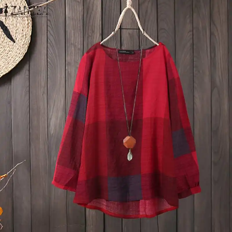 

ZANZEA винтажная женская блузка с принтом, Весенняя клетчатая блузка с круглым вырезом и длинным рукавом, ретро свободная повседневная, рубашка, блуза туника
