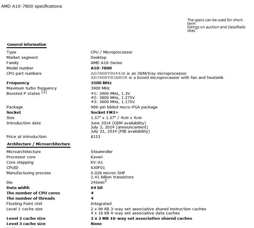 AMD A10-Series APU A10 7800 A10-7800 3.5GHz Quad-Core CPU Processor Desktop AD7800YBI44JA / AD780BYBI44JA 4MB 65W Socket FM2+