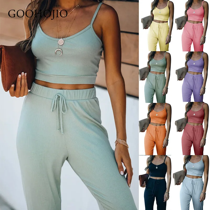 

GOOHOJIO 2021 New Spring and Autumn High Waist Sportswear Two-piece Suit Comfortable Women Sets Pure Color Sling Sets Women