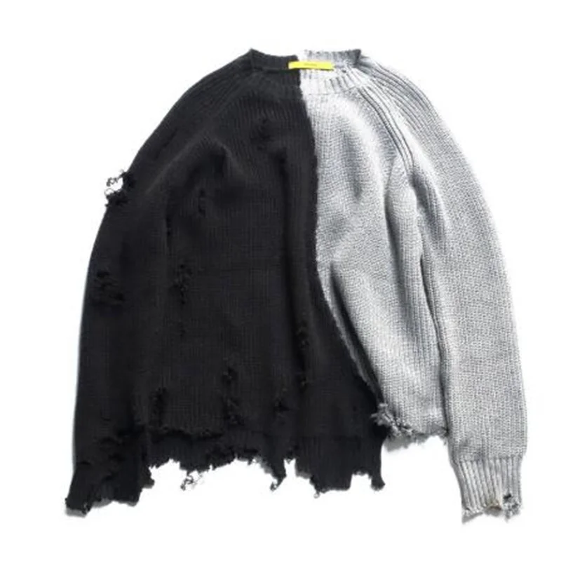 Мужской осенний винтажный трикотажный свитер с рваными дырками в стиле пэчворк