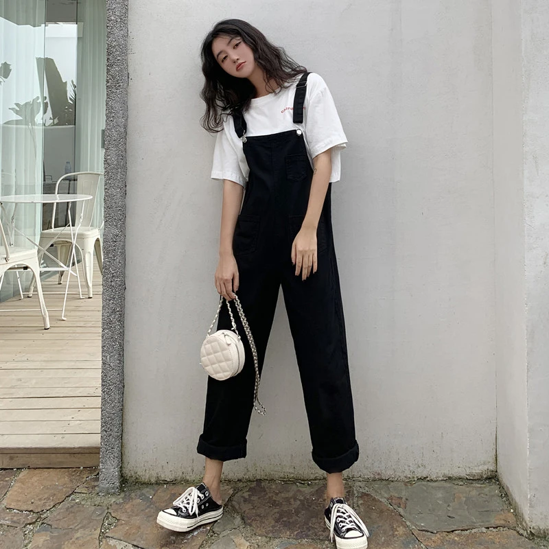 Korean Version Of Woman's Denim Overalls + Thin Sloppy Skirt Girlfriend Skirt Pure Black And Yellow Wild Preppy Style Jumpsuits