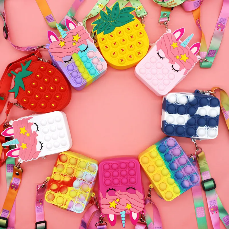 

Rainbow Strawberry Kawaii Bag Decompression Square Crossbody Fashion Fingertip Toy Push Bubble Toy Girl Silicone Bag