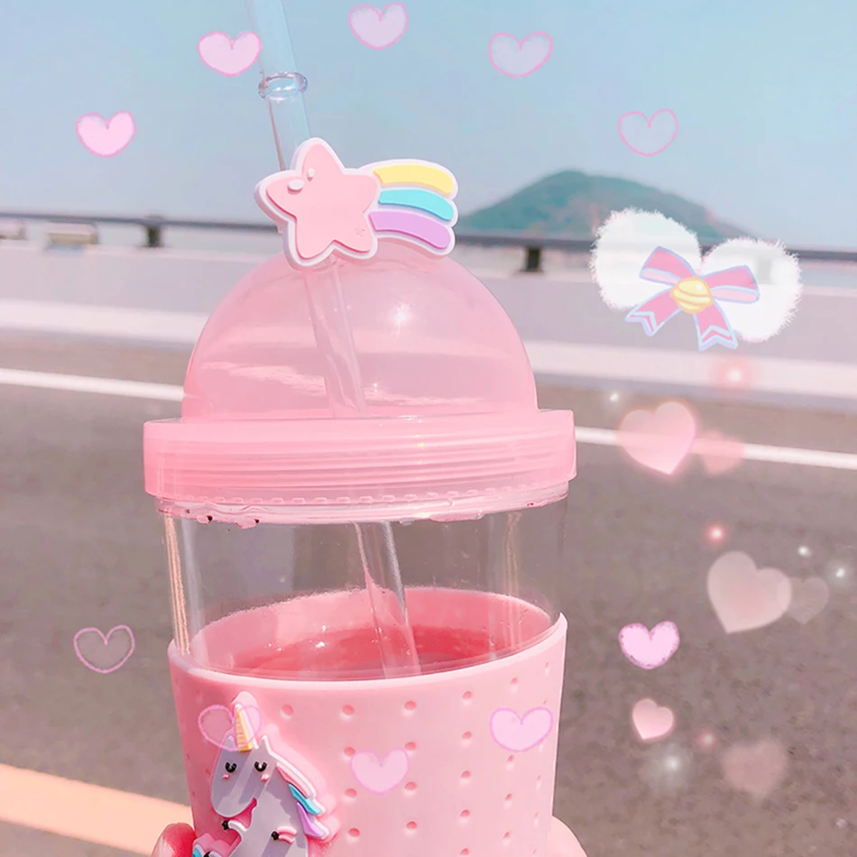 Boxi Kpop Kawaii стеклянная бутылка для воды для девочек, мультяшная Милая бутылка для воды для детей и взрослых, чашка для воды с крышкой и соломенными ручными чашками