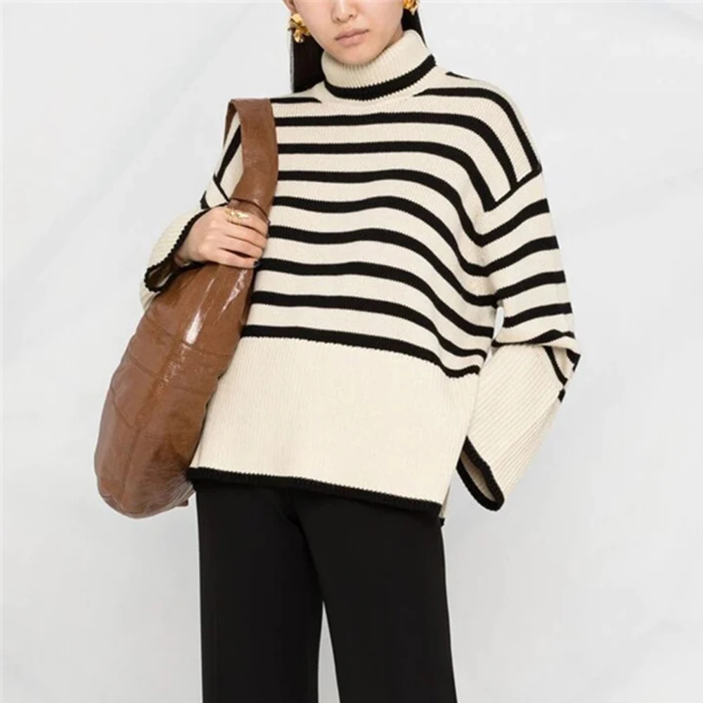 

Женский вязаный свитер с длинным рукавом, черно-белый свободный пуловер в полоску с высоким воротником, Осень-зима 2021