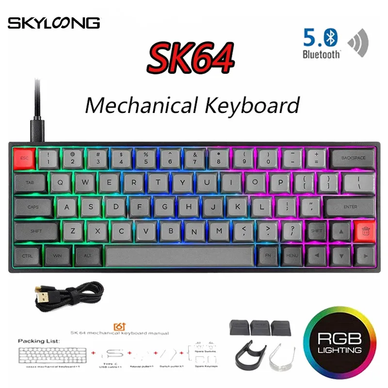 SKYLOONG SK64 Portable Mechanical Keyboard Wireless Bluetooth Dual Mode Gaming Keyboards RGB Backlight Gateron Axis GK61 64 Keys