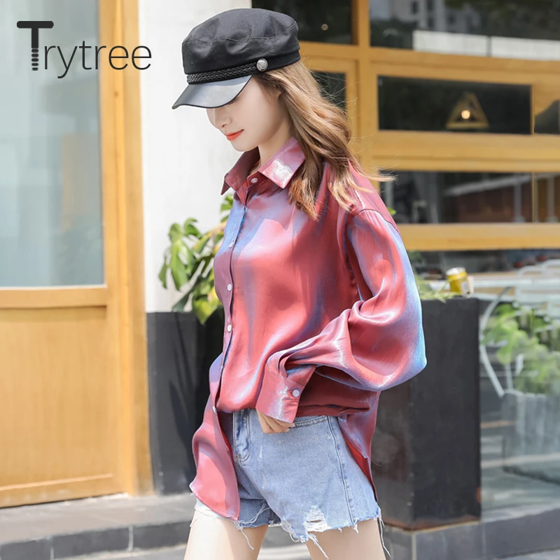 Trytree/Осенняя Женская Повседневная Блузка с отложным воротником однобортный