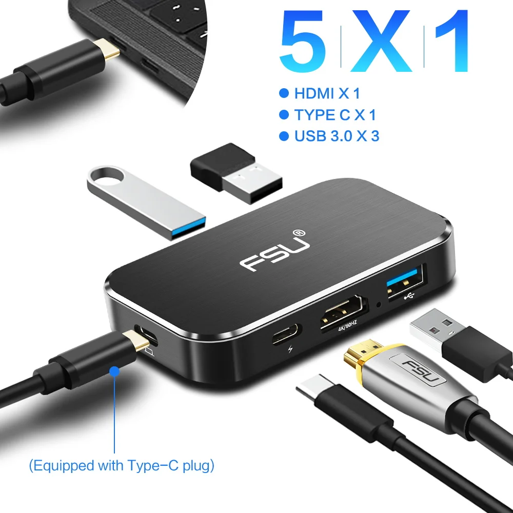 Usb-концентратор FSU 4K 60HZ USB C на HDMI адаптер 100W зарядка PD 3USB 3 0 разъем для MacBook huawei mate 20