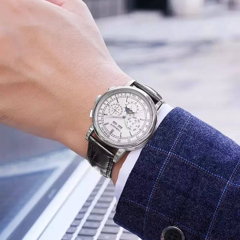 

Corgeut 42mm Men Wristwatch Scale Auto Mechanical Moon Phase Calendar Steel Case Leather Strap With ST 1655 Movement