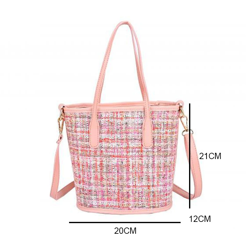 

LILY QUEEN Women Fashion Crossbody Bag Plaid Woolen Bucket Large Capacity Ladies Bags