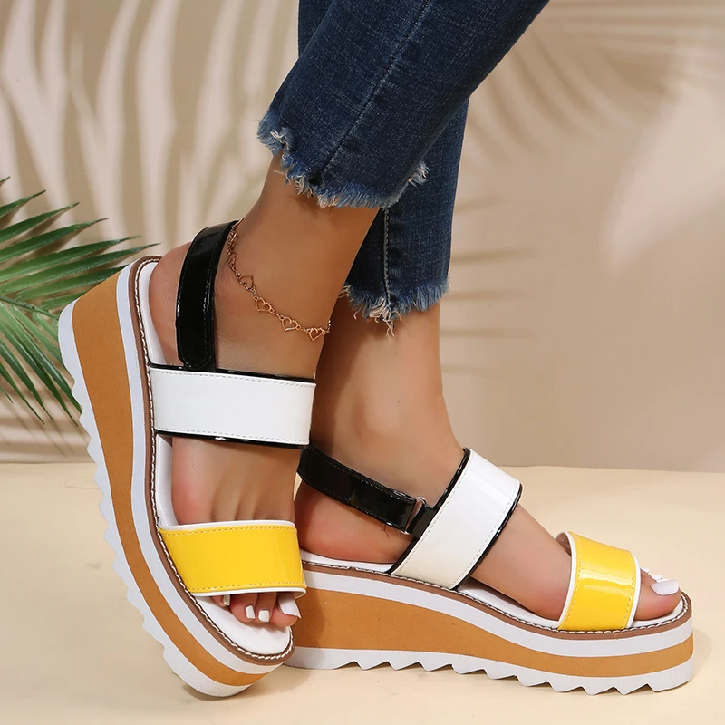 

On Sale Dropshipping Open Toe Multicolor Pu Platform Wedges Leisuse Casual Beach Sandals For Women Colorful Thick Sole Shoes