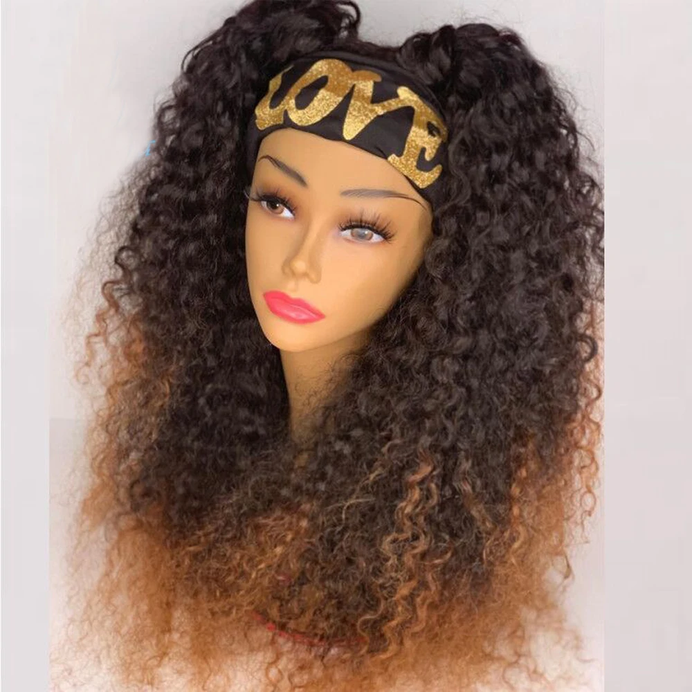 

Glueless Ombre Kinky Curly Headband Wigs 1B 30 Color Brazilian Non Lace Scarf Wig Remy Human Hair Wigs for Women With Scarf