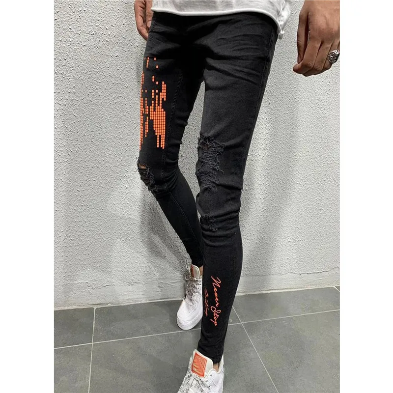 Мужские зимние рваные джинсовые брюки повседневные облегающие Стрейчевые