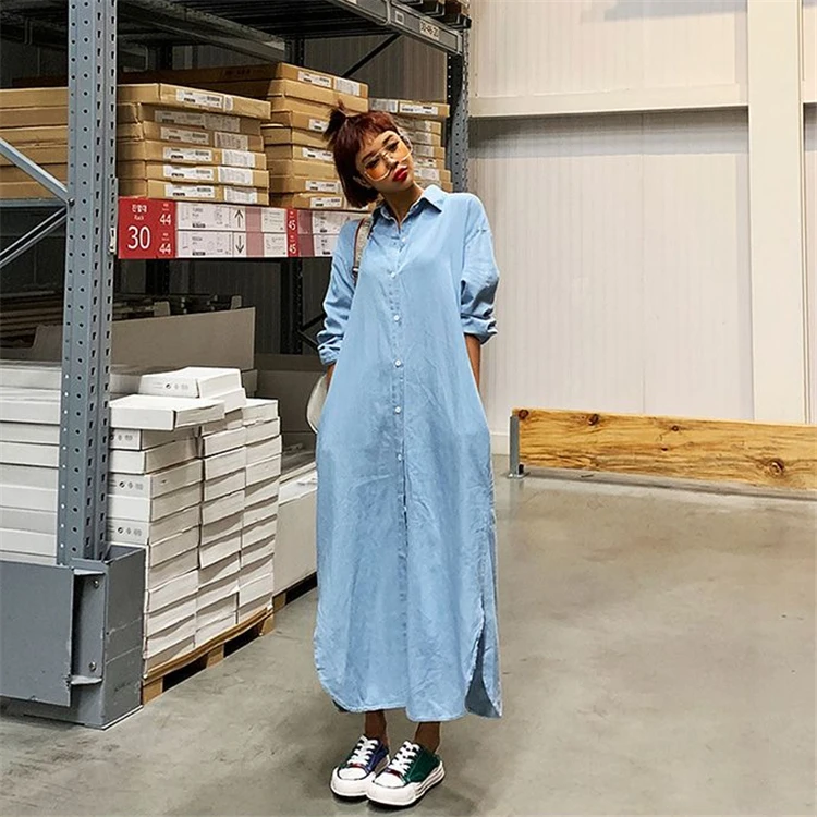 

New 2021 Women Denim Shirt Dress Summer Casual Vintage Single Breasted Streetwear Loose Split Blue Long Dress