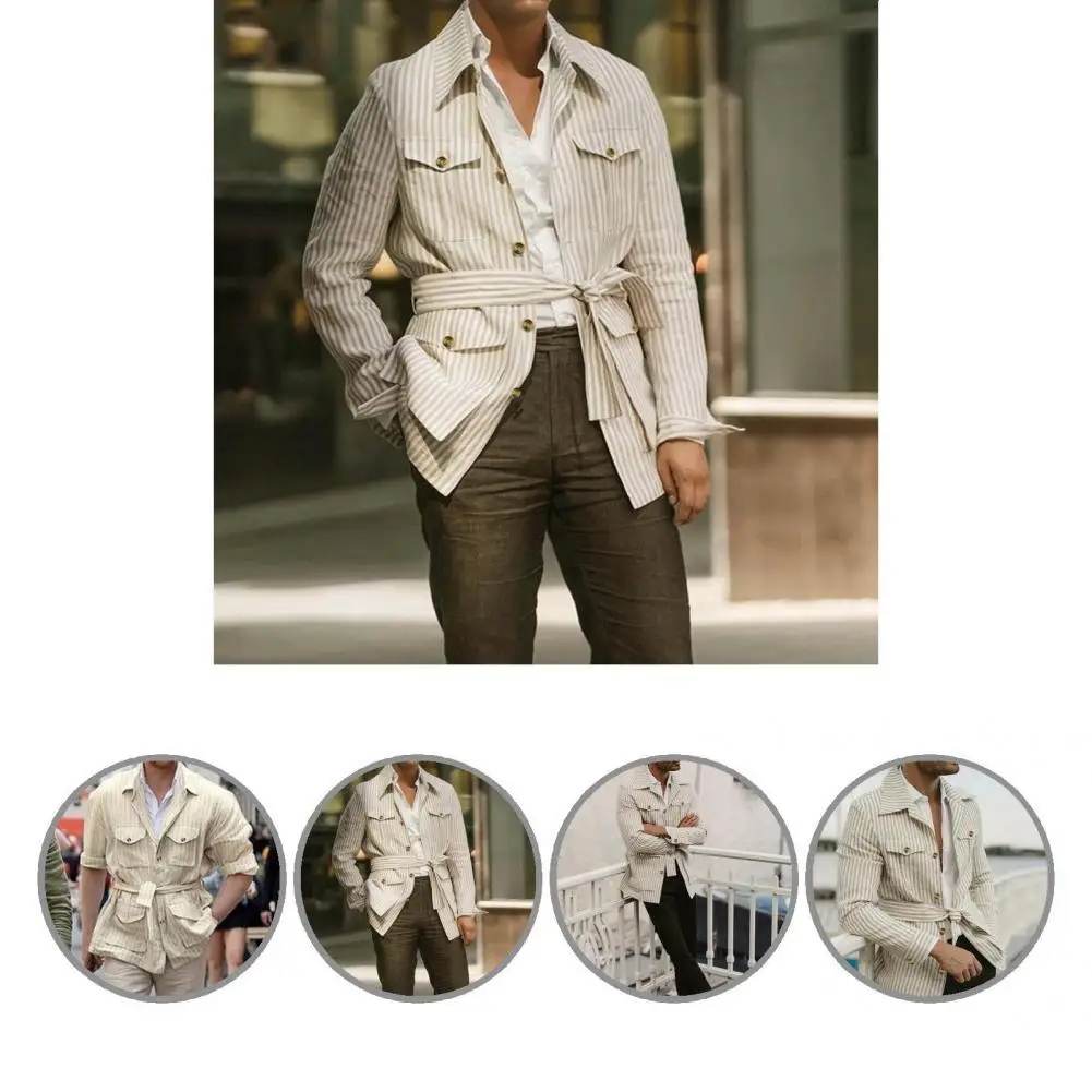 

Куртка мужская однобортная, Универсальная быстросохнущая Модная рубашка в полоску, в стиле ретро, осень