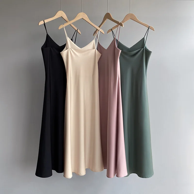 

Nice Women Sexy Sleeveless Long Dress V-Neck Women Vintage Satin Summer Dress Solid Color Slim Waist Design Women Dress Vestidos