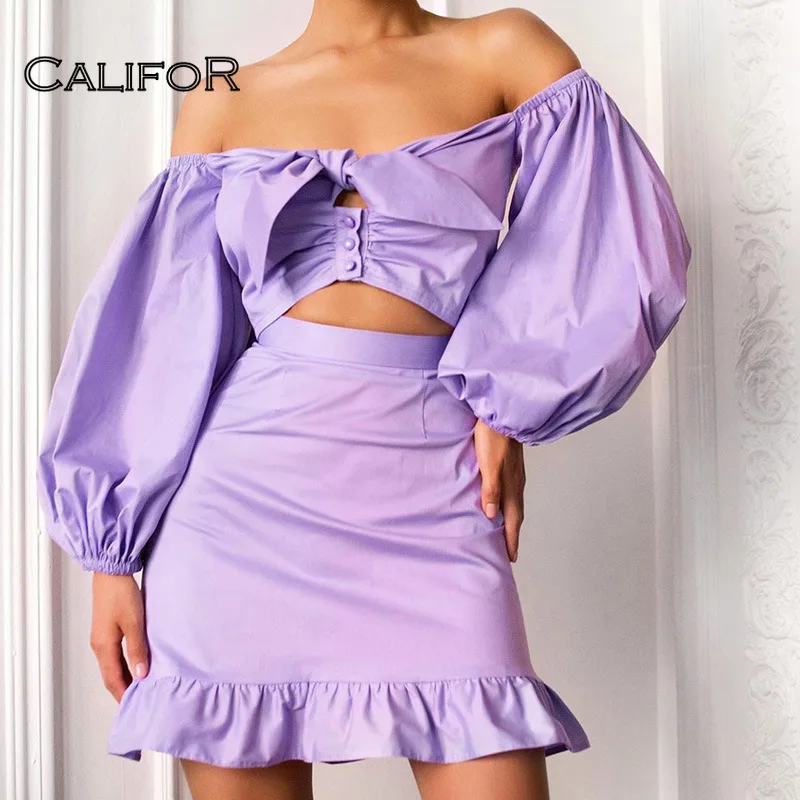 

Bubble Sleeves Slash Neck Dress Sets 2021 Summmer Women's 2 Piece Suits Purple Cute Ruffle Dress Sets Cropped Tops+mini Skirts
