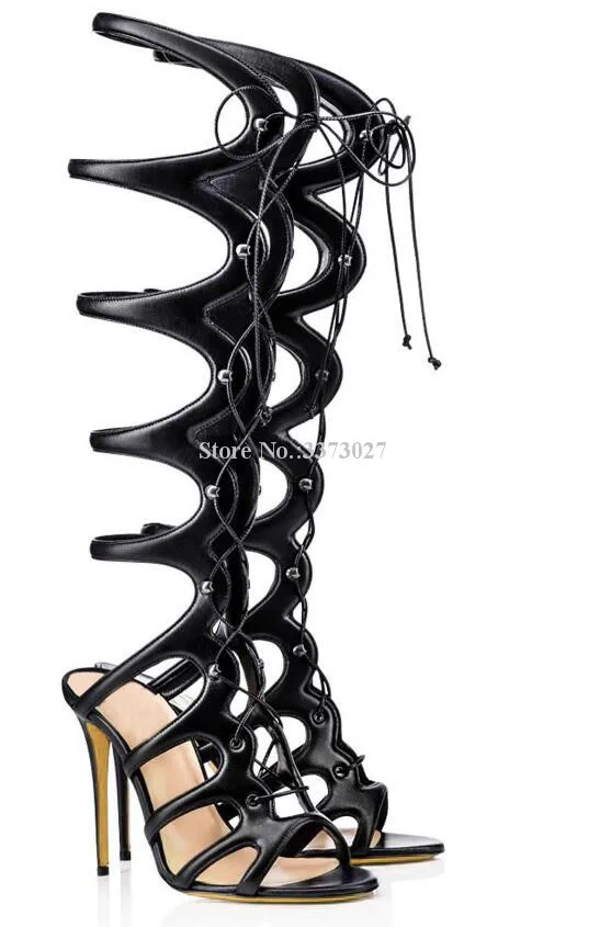 Harga Wanita Sexy Leopard Lutut Tinggi Sandal Sepatu Wanita New Cross Mengikat Renda-Up Sandal Sepatu Bot Panjang Fashion Besar Ukuran Perjamuan Sepatu