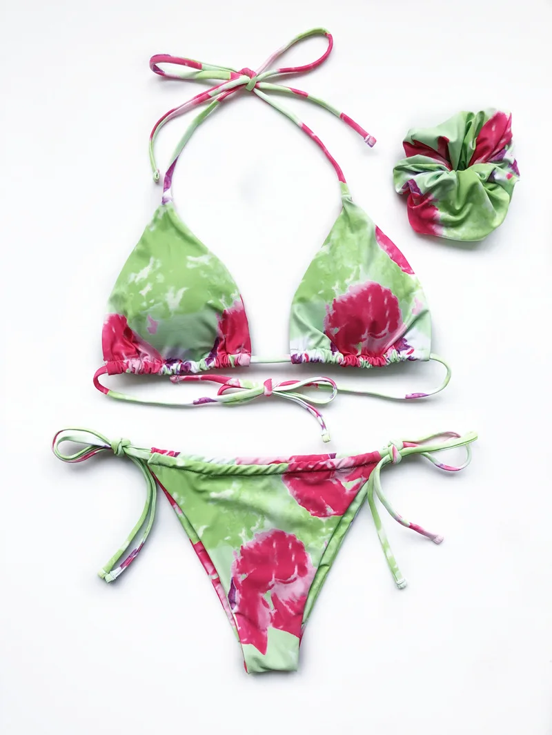 

2020 Sexy Lady Bikini Monokini Two Piece High Cup Swimwear Drawstring Bandage Print Swimsuit Deep V Bathing Suit With Pad