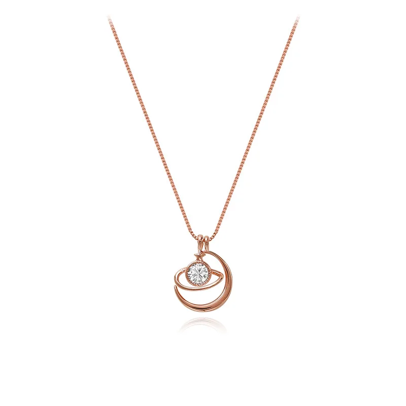 

TIMEONLY Romantic Moon Planet CZ Stone Pendant Necklaces Gold Color Metal Small Link Chain Necklace Jewllery for Women