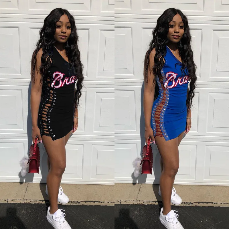 

women new sexy bodycon dress summer sleeveless lace up letter print sexy short mini dress female casual dress DHR8009