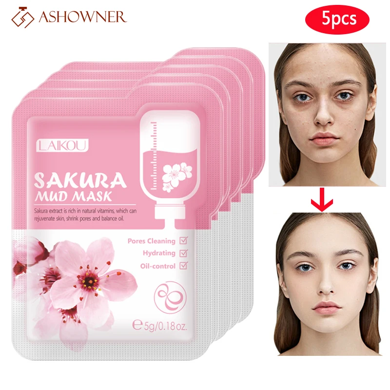 

5pcs Japan Sakura Mud Face Mask Anti Wrinkle Night Facial Packs Skin Clean Dark Circle Moisturize Anti-Aging Skin Care