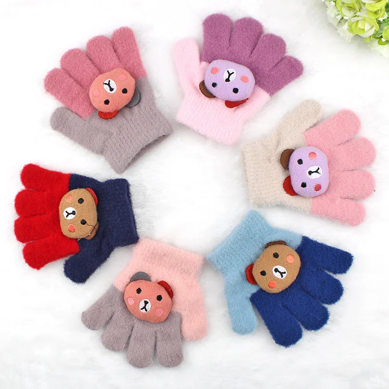 

1Pair Kids Knitted Gloves Winter Warm Children Full Fingers Mittens Boys Girls Cute Cartoon Animal Soft Gloves For 3-6 Years Old