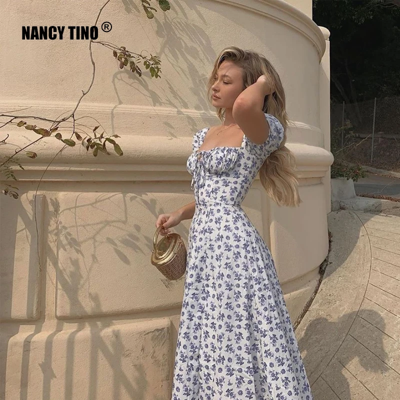 

2021 New Women's Summer Sexy Fashion Princess Sleeve Floral Lace Long Dress Retro Korean Elegant Large Size Pleated Dress