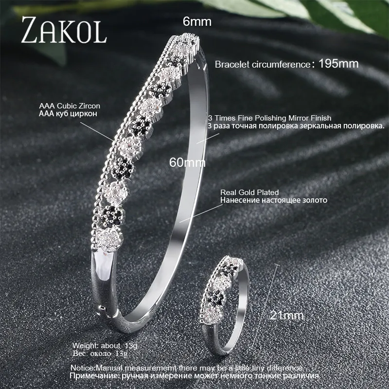 

ZAKOL Trendy Micro-Inset Cubic Zirconia Fishtail Belt Fashion Bridal Jewelry Bracelet Ring Set for Women Wedding Dinner FSSP3112