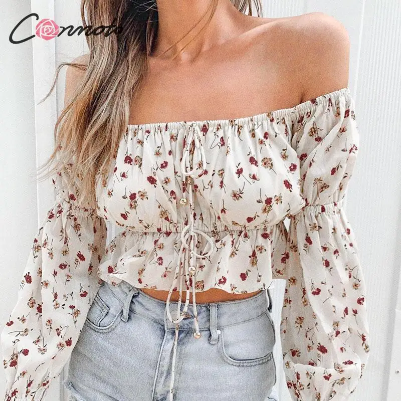 Conmoto Модные женские короткие топы с цветочным принтом и блузка женская Повседневная Праздничная короткая рубашка с длинными рукавами на шнуровке шикарный рукав-колокол