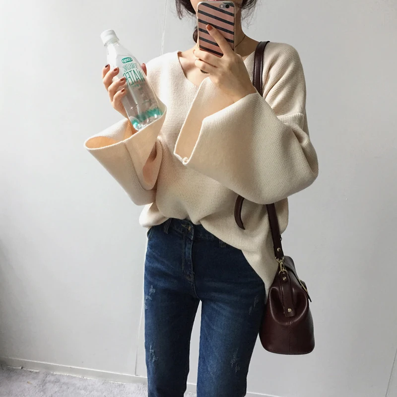 

2 colors korean chic style autumn and Winter solid color flare sleeve thick knitted Sweater and pullovers womens (C8946)