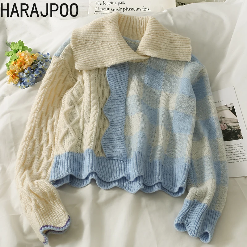 

Женский пуловер Harajpoo, Свободный вязаный свитер с отложным воротником и длинным рукавом, новинка сезона осень-зима 2021, волнистый укороченный...