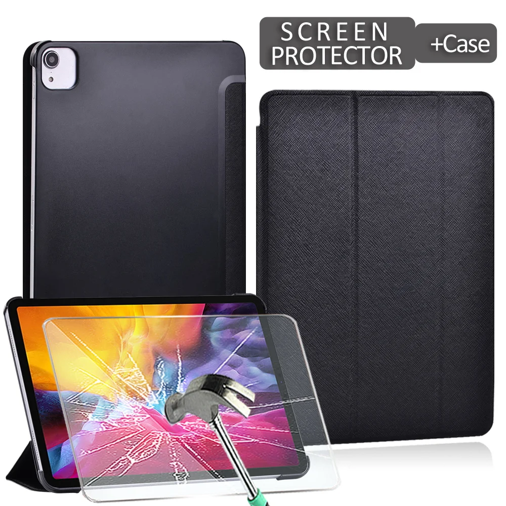 

For Apple IPad Pro 11 2018 2020/IPad Air 4 10.9" Anti-fall PU Leather Tablet Tri-fold Folding Stand Cover Case+Tempered Film