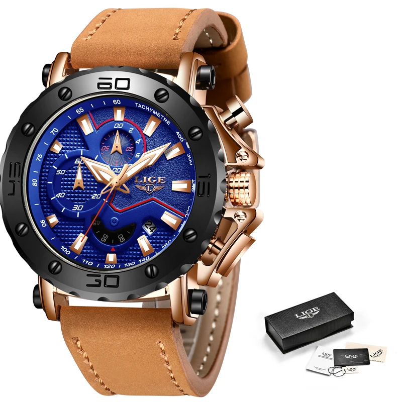 

LIGE New Gold Clock 2020 Top Brand Luxury Mens Chronograph Military Watches Business Waterproof Watch For MenFashionSport Watch