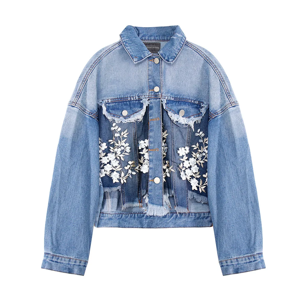 

Fashion new Korean women's spring women's short section loose stitching embroidery irregular denim jacket