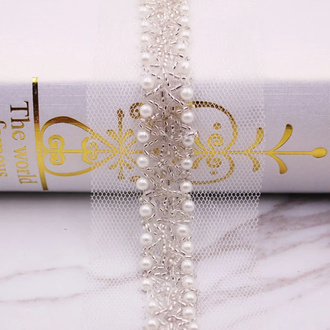 10 ярдов ручной работы белый черный серый бисер кружевной отделкой лента-сетка